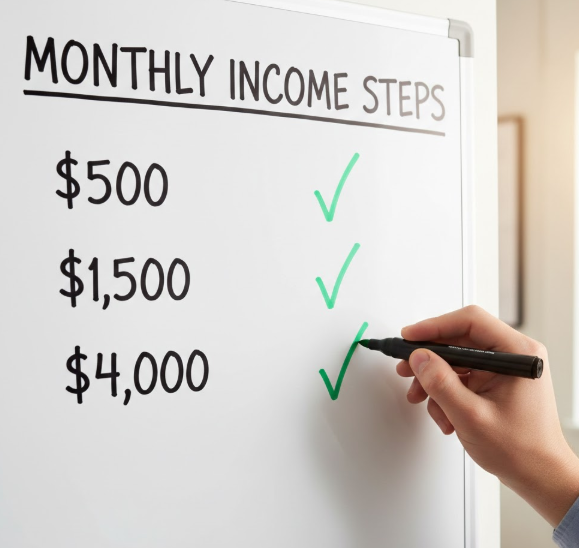 "Monthly income goal tracker showing steps to make $4,000 a month working from home"
