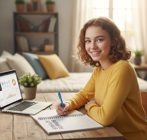 Teenage girl budgeting her money using a notebook and budgeting app on laptop