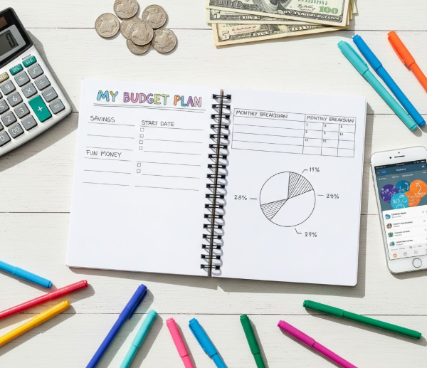 Teen budget planner with categories for savings, spending and giving laid out on a desk