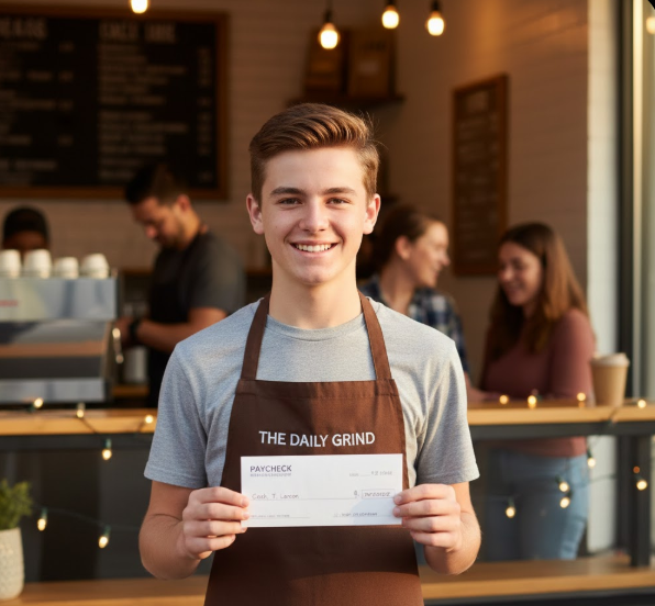 Teen boy holding his first paycheck from a part-time job, smiling confidently