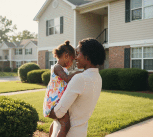 "Single mom and daughter smiling outside their affordable apartment after receiving rent assistance"