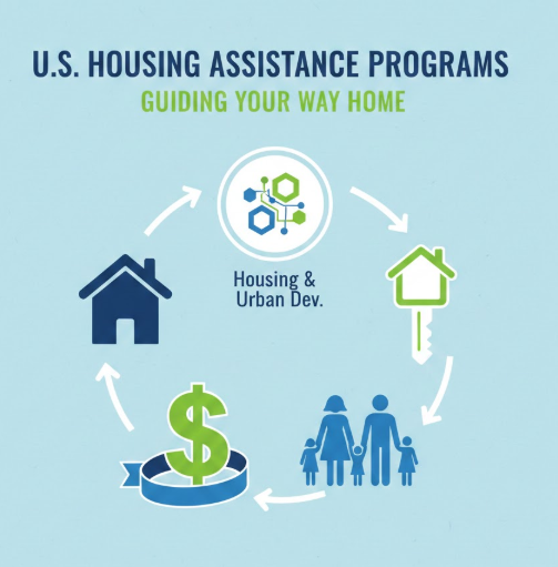 "Icons representing federal rent assistance programs including HUD, Section 8, and housing vouchers for single moms"