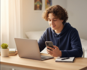 "A smiling American teen sitting at a desk with a laptop, notebook, and phone — representing teens exploring online side hustles and ways to make extra money"