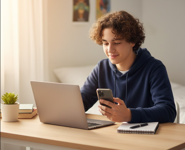 "A smiling American teen sitting at a desk with a laptop, notebook, and phone — representing teens exploring online side hustles and ways to make extra money"