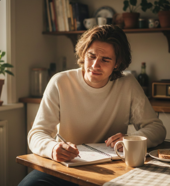 Person making a budget plan at home with a notebook and coffee