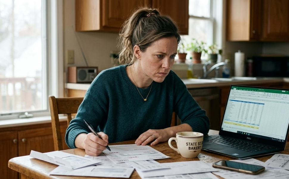 "A person budgeting with no money at a kitchen table surrounded by bills and a laptop, representing financial survival after buying a home during a recession"