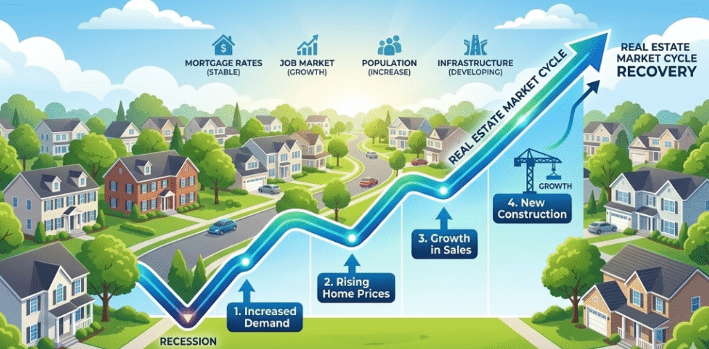 "Real estate market cycle recovery graph overlaid on an American neighborhood, symbolizing long-term home value growth after a housing market recession"