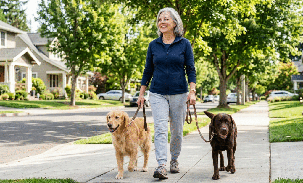 Senior woman earning retirement income through pet sitting and dog walking in her neighborhood