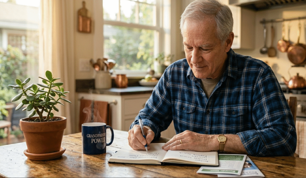 Retired senior man planning his post-retirement income streams and financial goals at home