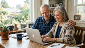 Making money in retirement — senior couple working happily from home on a laptop